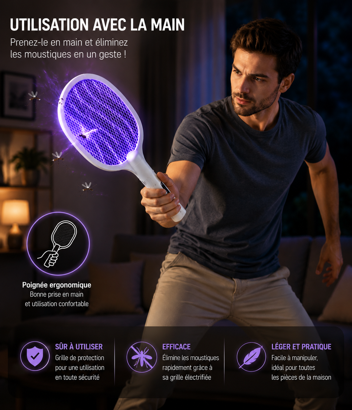Raquette UV anti-moustique électrique
